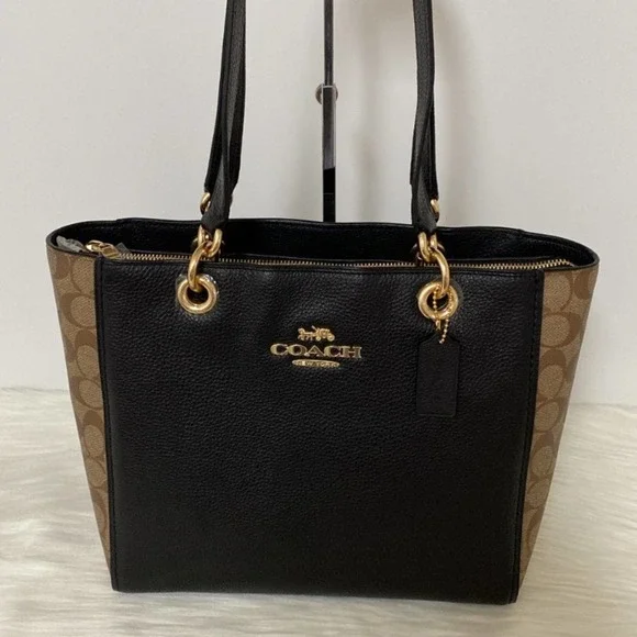 New Coach Jes Tote In Signature Canvas/Refined Pebble Leather/ Black-Brown - Picture 2 of 11